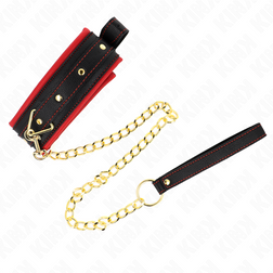 Collier BDSM tissu noir bordé rouge avec laisse chaîne dorée — vue 3