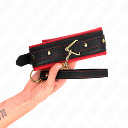 Collier BDSM tissu noir bordé rouge avec laisse chaîne dorée — vue 2