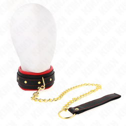 Collier BDSM tissu noir bordé rouge avec laisse chaîne dorée