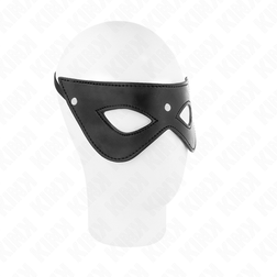 Cagoule Masque BDSM cuirette à 3 rivets — découpe yeux 24 × 9 cm en Cuir végan noir vu de face