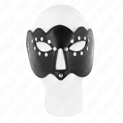 Gros plan sur la texture de l'accessoire Masque BDSM cuirette rivetée