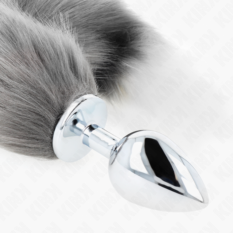 KINK PLUG ANAL TAILLE L 10 X 4 CM AVEC QUEUE SYNTHETIQUE 40 CM GRIS ET BLANC