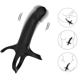 Armony black silicone vibrating dildo with two rings for strapless double penetration.