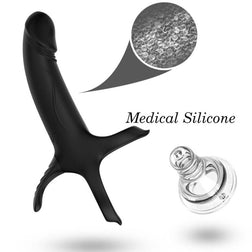 Armony black silicone vibrating dildo with two rings for strapless double penetration.