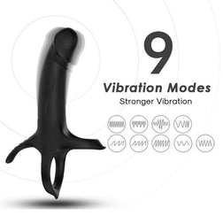 Armony black silicone vibrating dildo with two rings for strapless double penetration.