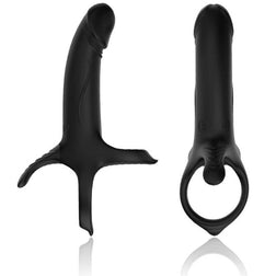 Armony black silicone vibrating dildo with two rings for strapless double penetration.