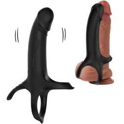 Armony black silicone vibrating dildo with two rings for strapless double penetration.