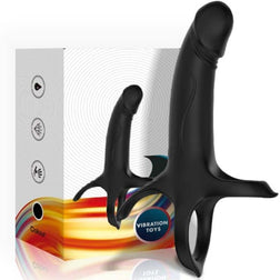 Armony black silicone vibrating dildo with two rings for strapless double penetration.