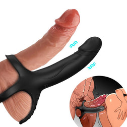 Armony black silicone vibrating dildo with two rings for strapless double penetration.