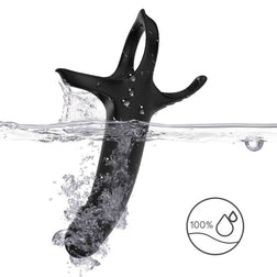 Armony black silicone vibrating dildo with two rings for strapless double penetration.
