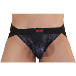 Lingerie sexy Jockstrap lamé bleu nuit ceinture noire