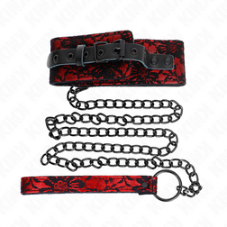 Collier cuir dentelle rouge et laisse chaîne — Kink — vue détaillée