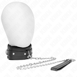 Laisse Collier BDSM doublé fourrure noire chaîne en Cuir végan noir vu de face