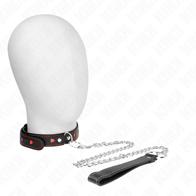 Laisse Collier BDSM rivets cœurs rouges et chaîne — Kink rouge vu de face