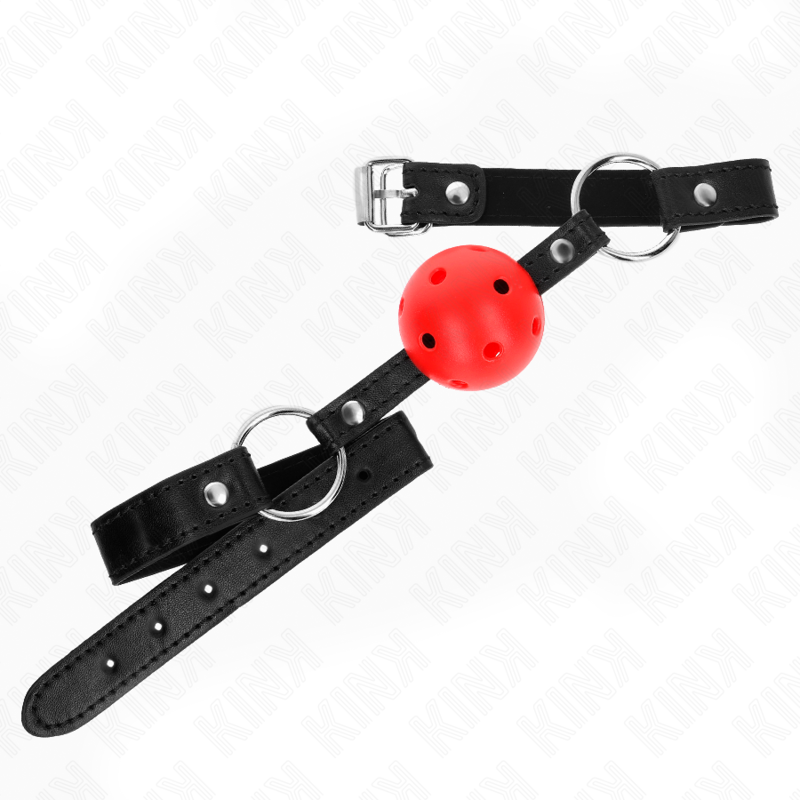 Bâillon boule rouge Modèle 1 déployé, avec boucle et trous de réglage de la sangle