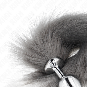 KINK PLUG ANAL TAILLE M 8 X 35 CM AVEC QUEUE SYNTHETIQUE 40 CM GRIS ET BLANC