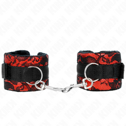 Vue de profil de l'accessoire Menottes bondage rembourrées dentelle velours rouge et noir