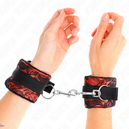Bdsm Menottes bondage rembourrées dentelle velours rouge et noir pour ton plaisir
