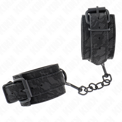 Gros plan sur la texture de l'accessoire Menottes bondage dentelle noire ton sur ton, look gothique