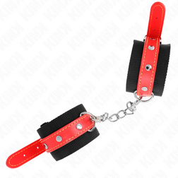 Menottes bondage nylon souple — bracelet noir et ceinture cuir rouge — vue 3
