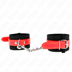 Menottes bondage nylon souple — bracelet noir et ceinture cuir rouge — vue 2