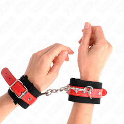 Menottes bondage nylon souple — bracelet noir et ceinture cuir rouge