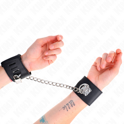 Menottes bondage chaîne 30 cm et cadenas — cuirette 5,5 cm noire