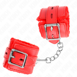Menottes bondage fourrure rouge — cuirette à trous carrés — vue 3