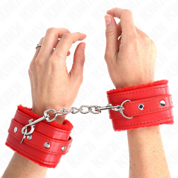 Menottes poignets bondage fourrure rouge larges 7 cm