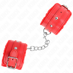 Menottes poignets bondage fourrure rouge larges 7 cm — vue 3