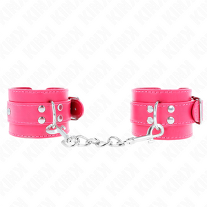Deux manchettes rose framboise KINK posées côte à côte avec leur chaîne métallique
