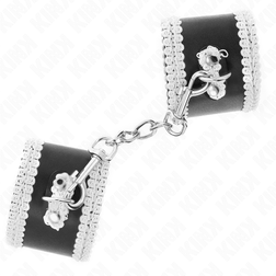 Menottes bondage dentelle blanche sur simili noir — vue 3