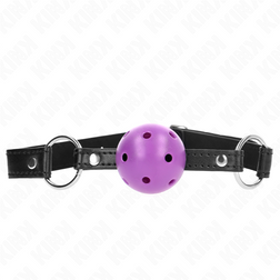 Bâillon balle creuse dure violette 4,5 cm sangle cuir noir vu de face