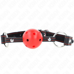 Bâillon boule respirant rouge 4,5 cm sangle noire — Kink vu de face