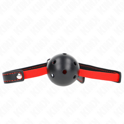Bâillon à boule noire ajourée avec partie élastique rouge et sangle noire