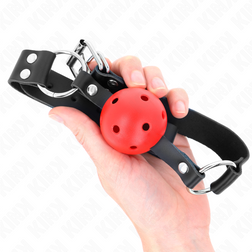 Bâillon boule silicone rouge 4 cm sangle rouge double rivet — Kink — vue 2