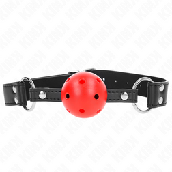 Bâillon boule silicone rouge 4 cm sangle cuir noir double rivet — Kink