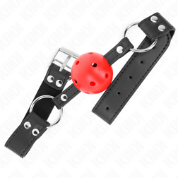 Bâillon boule silicone rouge 4 cm sangle cuir noir double rivet — Kink — vue 3