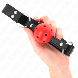 Bâillon boule silicone rouge 4 cm sangle cuir noir double rivet — Kink — vue 2