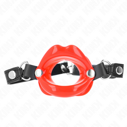 Bâillon Lip à lèvres rouges brillantes et ouverture centrale, avec sangle noire