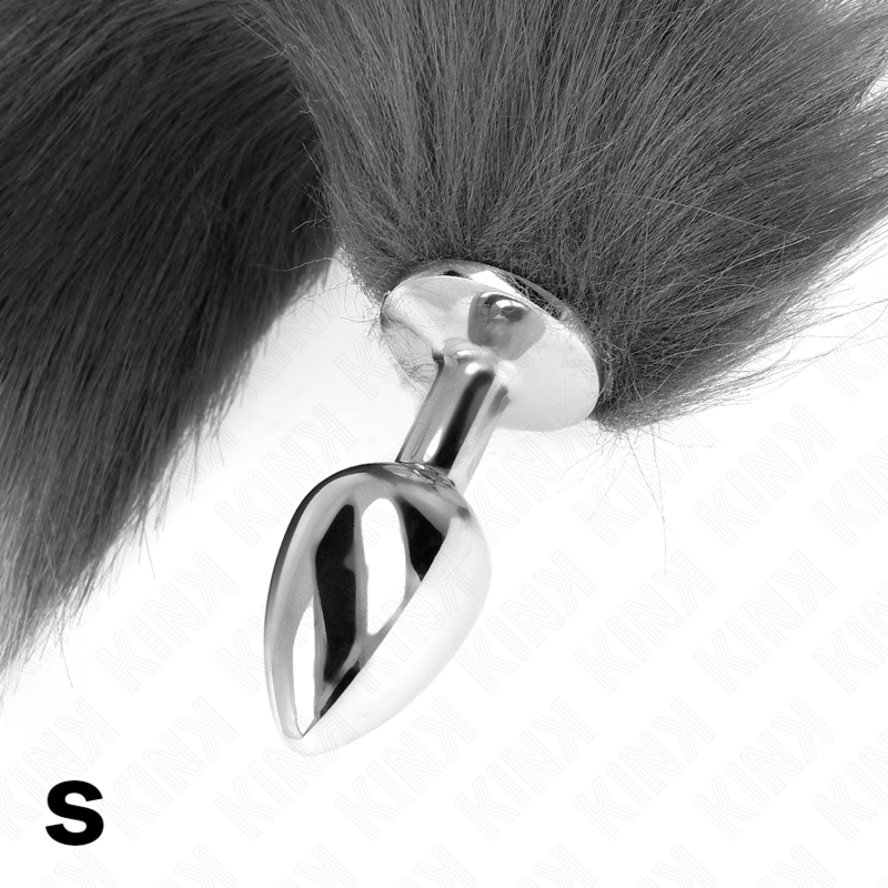 KINK PLUG ANAL TAILLE S 7 X 3 CM AVEC QUEUE SYNTHETIQUE 40 CM GRIS ET BLANC