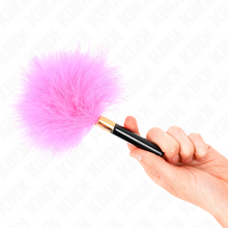 Harnais KINK - PLUMES TICKLE EN MÉTAL DORÉ FUCHSIA 18 CM vu de face