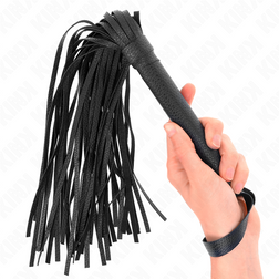 Fouet manche perlé noir 43 cm en PVC noir vu de face pour un plaisir sensuel ou intense