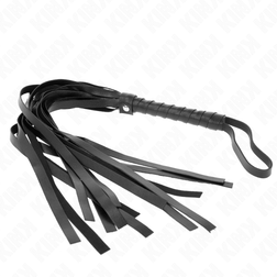 Martinet noir posé avec lanières déployées, manche court et dragonne visibles