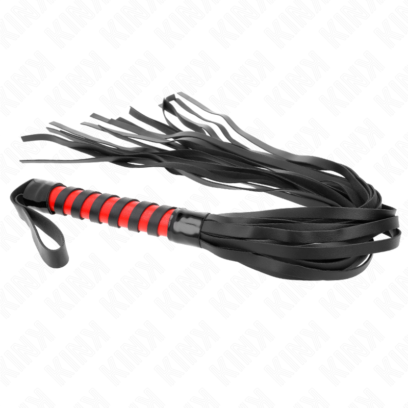KINK flogger lying flat, with the red and black striped handle on the left and the long black tails folded over