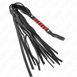 Diagonal view of the KINK flogger with black tails spread out and silver-coloured rivets at the ends of the red and black handle
