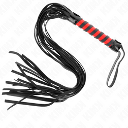 KINK flogger with long curved black tails, a red and black striped handle and wrist strap