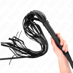 Fouet flogger noir à manche court et lanières longues 70 cm en PVC noir vu de face