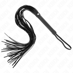 Gesamtansicht des schwarzen KINK-Floggers mit Griff und zahlreichen Riemen