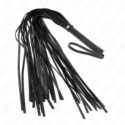 Ausgebreitete Riemen des schwarzen KINK-Floggers mit Detailansicht des Griffs und seiner silberfarbenen Niete